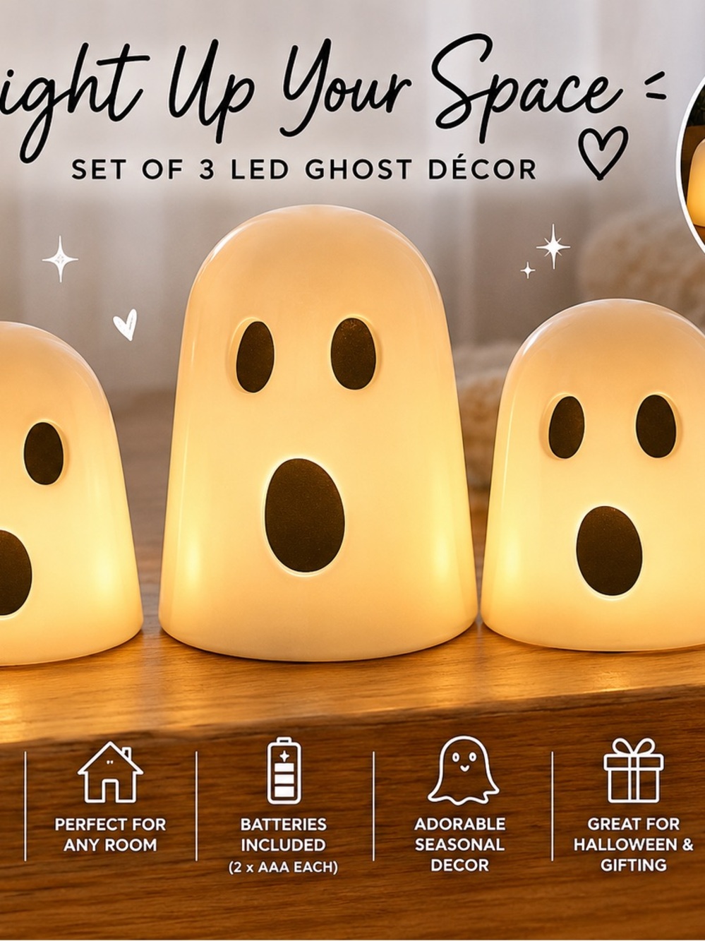 LED Ghost Night Lights Set of 3 - White Resin Halloween Decor-Retired
